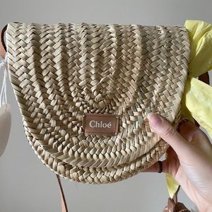 Auth. Chloé Beige Raffia Crossbody Bag with Bow Detailing